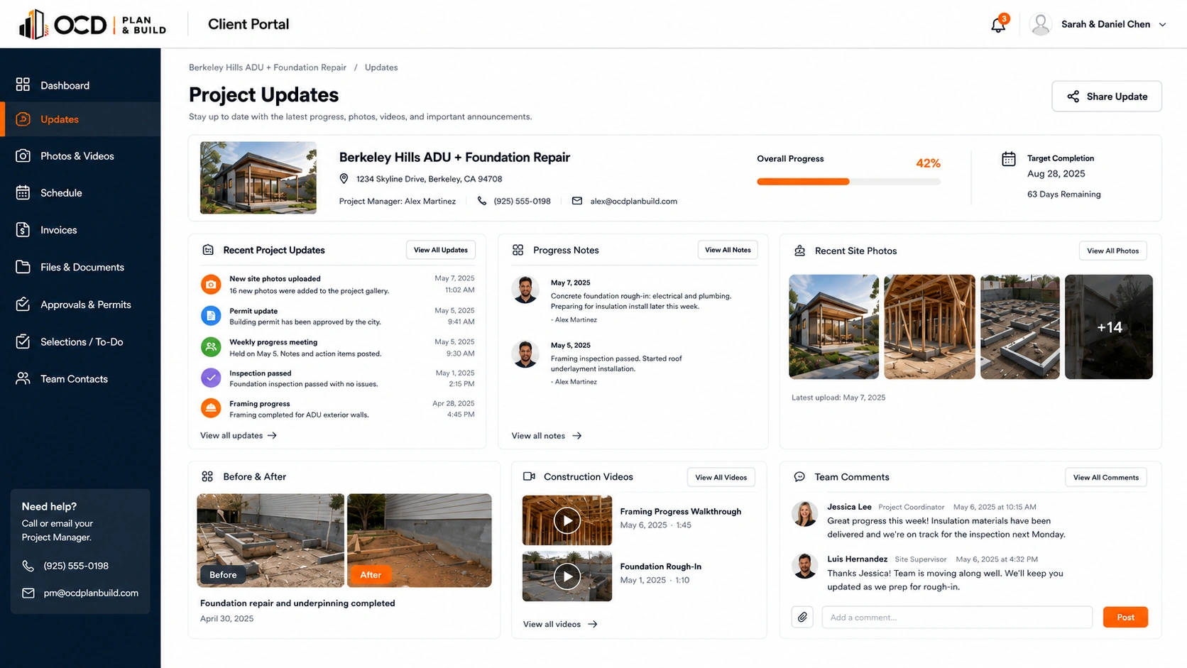 OCD client portal updates view: project progress feed, recent site photos, before-and-after, construction videos, and team comments