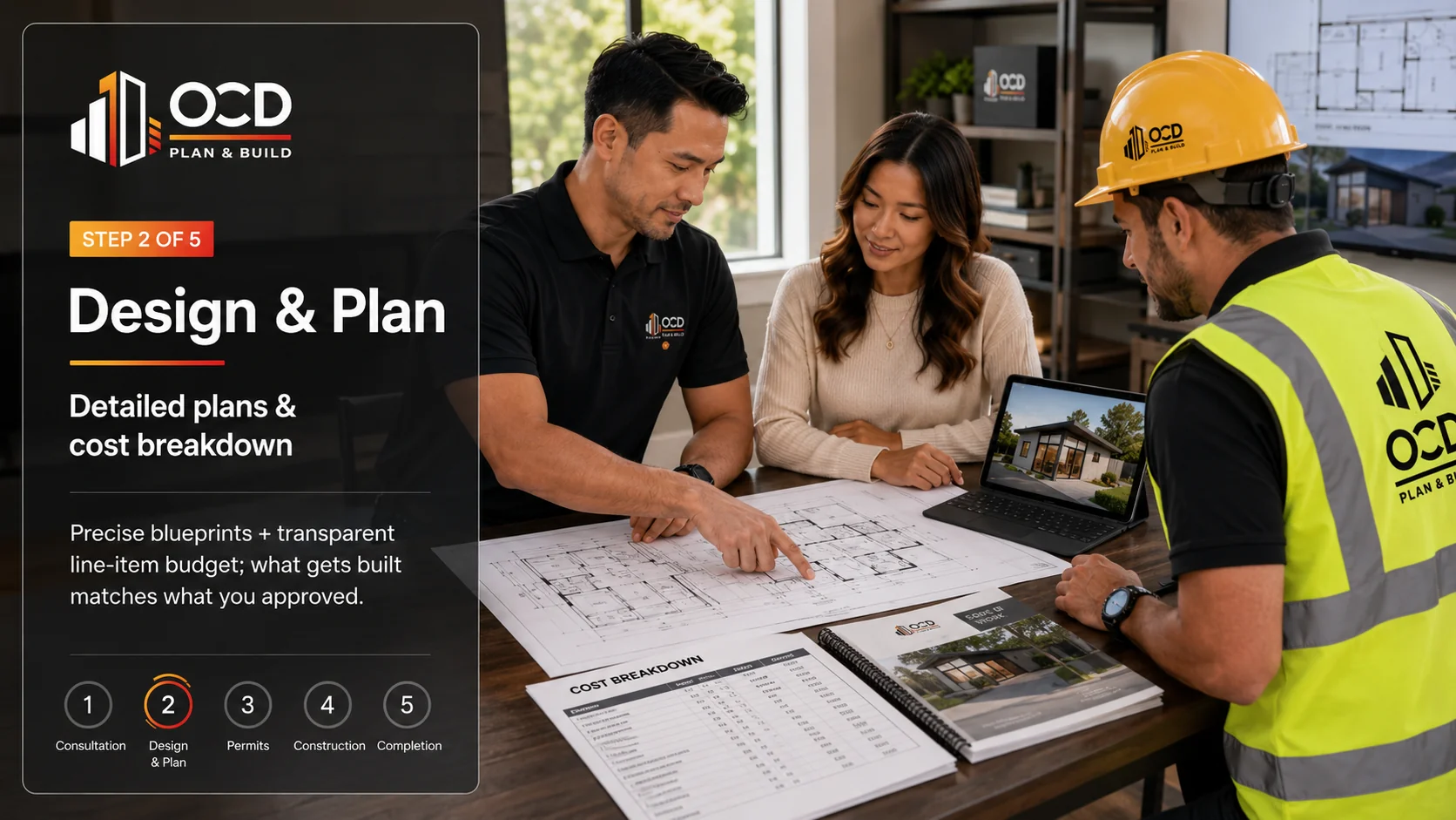 Design and planning phase with architectural drawings, material selections, and a transparent line-item budget