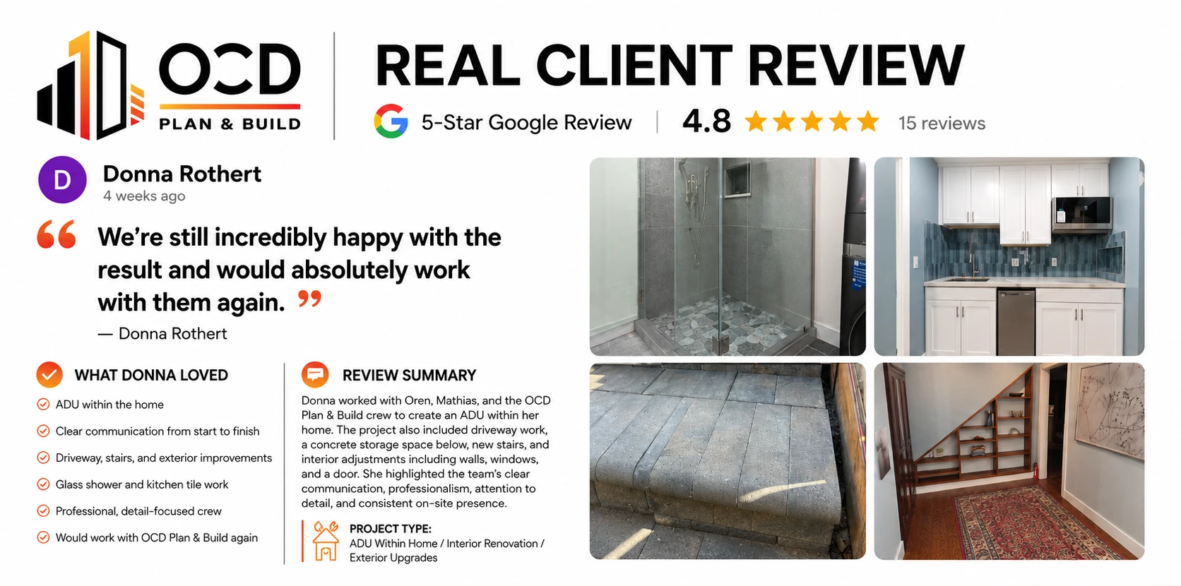 Google review from Donna Rothert (5 stars): full ADU within an existing home. Highlights: clear communication start to finish, complete storage solution, professional detail-focused crew.