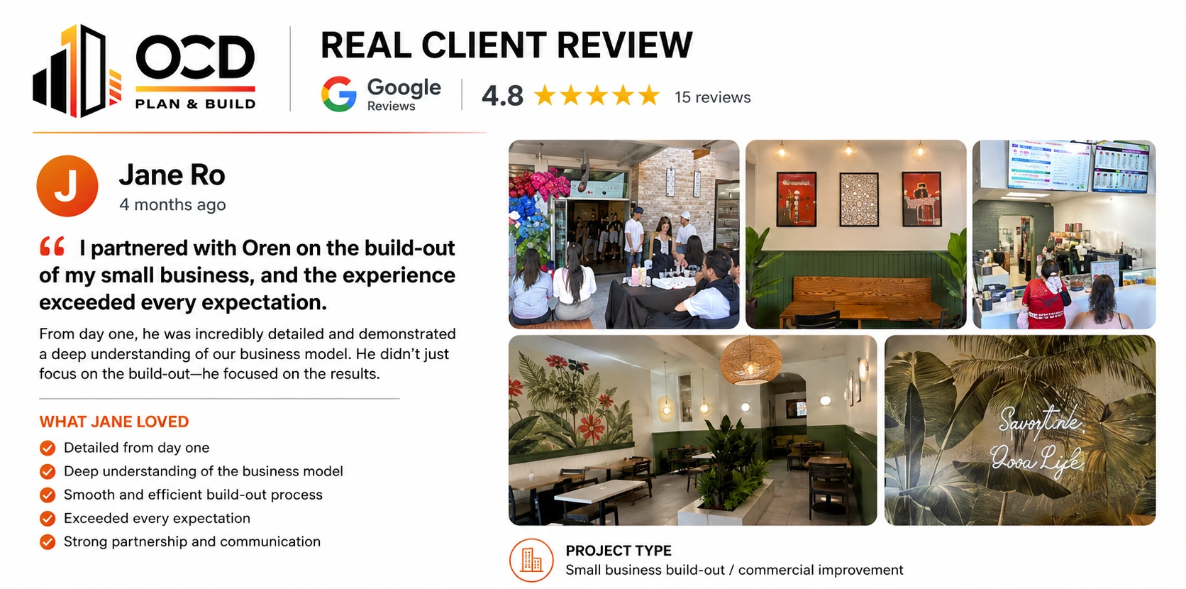 Google review from Jane Ro (5 stars): commercial small business build-out with OCD Plan & Build. Highlights: detailed from day one, deep understanding of the business model, smooth and efficient build-out, exceeded expectations, strong partnership and communication.