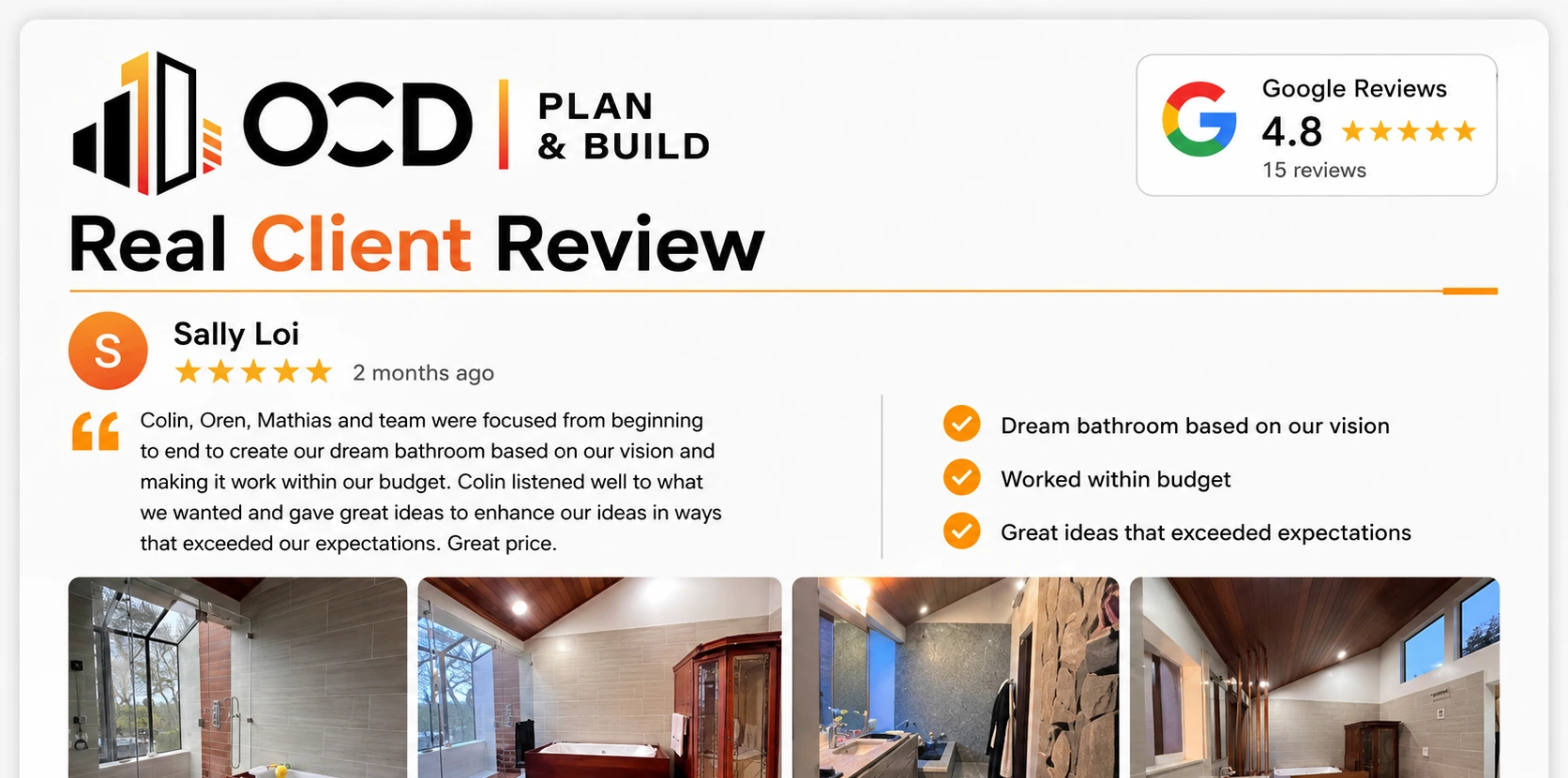 Google review from Sally Loi (5 stars): worked with OCD Plan & Build on a dream bathroom. Highlights: dream bathroom based on her vision, worked within budget, great ideas that exceeded expectations.